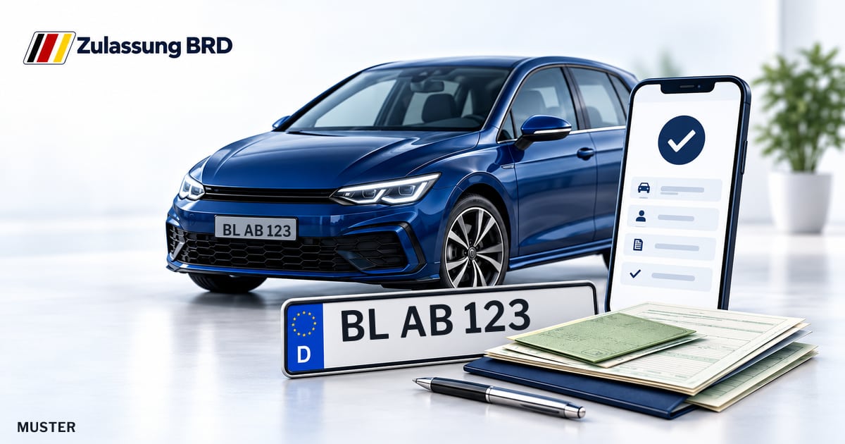 Online Fahrzeugzulassung in Zollernalbkreis: Musterkennzeichen BL AB 123, Auto und Fahrzeugpapiere und Smartphone. Illustration mit Logo von Zulassung BRD.